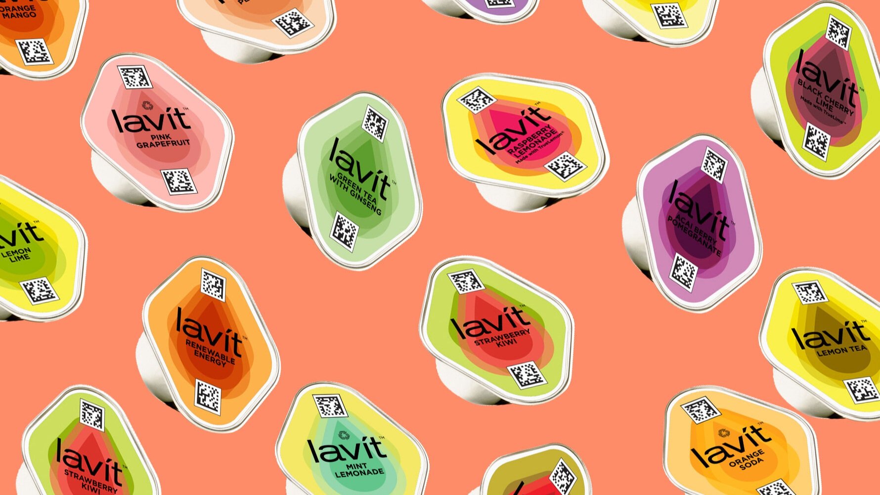 Pattern of various Lavit flavored beverage bottles, including pink grapefruit, green tea with ginseng, raspberry lemonade, pocai berry pomegranate, lemon tea, strawberry kiwi, mint lemonade, orange soda, and renewable energy, set against a coral back